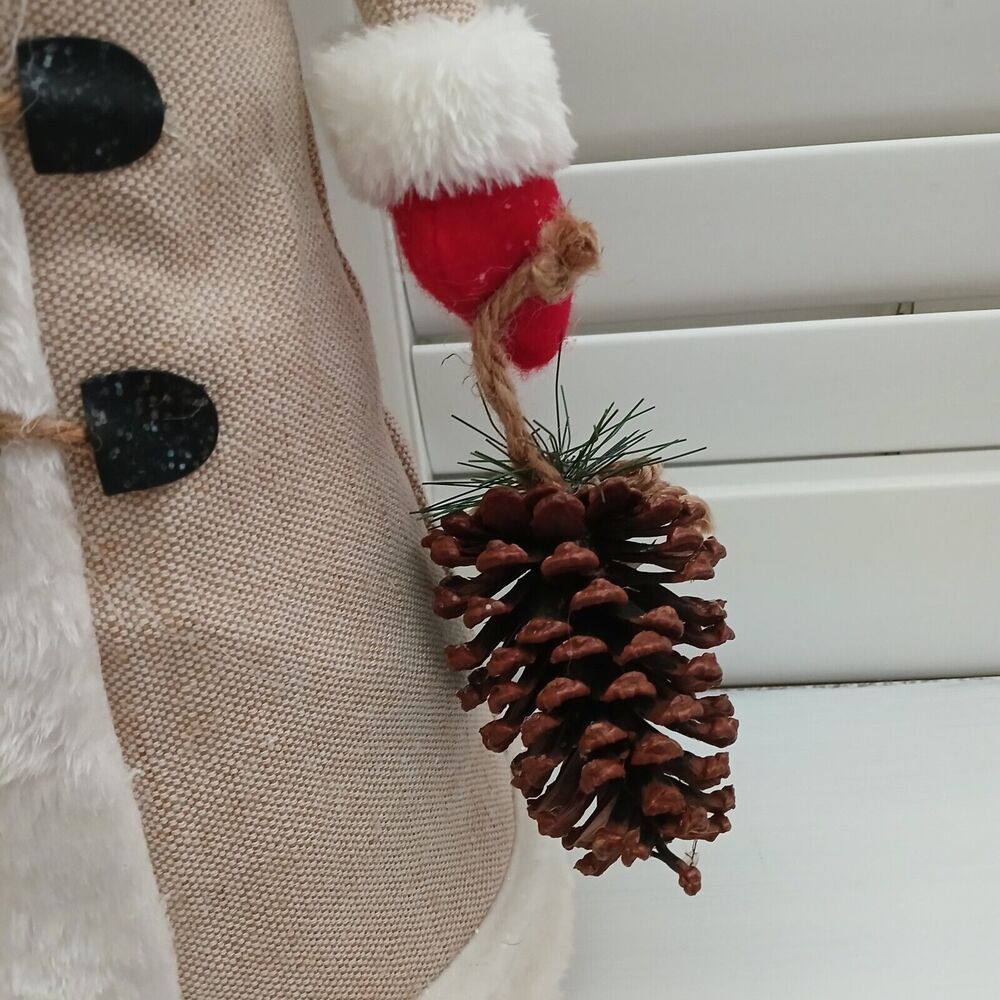 Christmas Santa Figurine Large 18" Tall Fabric Decor Holding Pinecone & Bag - Picture 4 of 13
